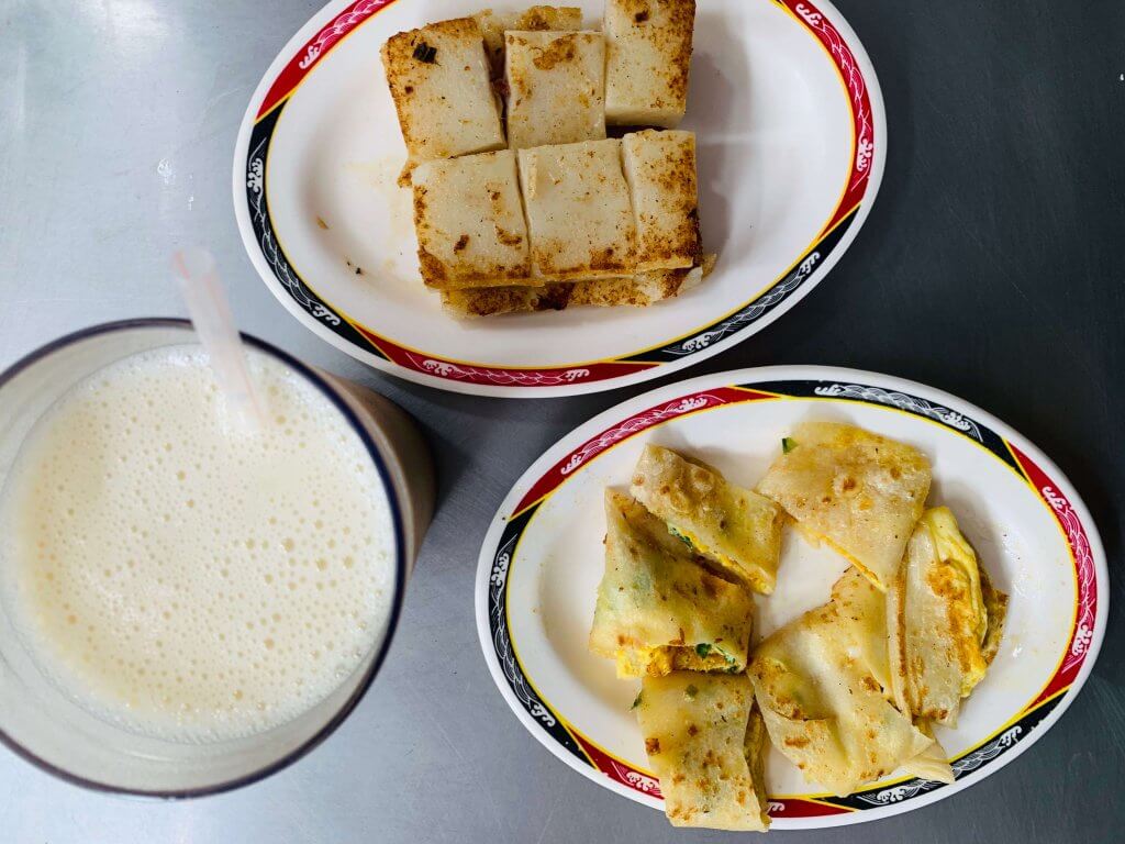 Soymilk, carrot cake and Taiwanese Egg Crepe Roll